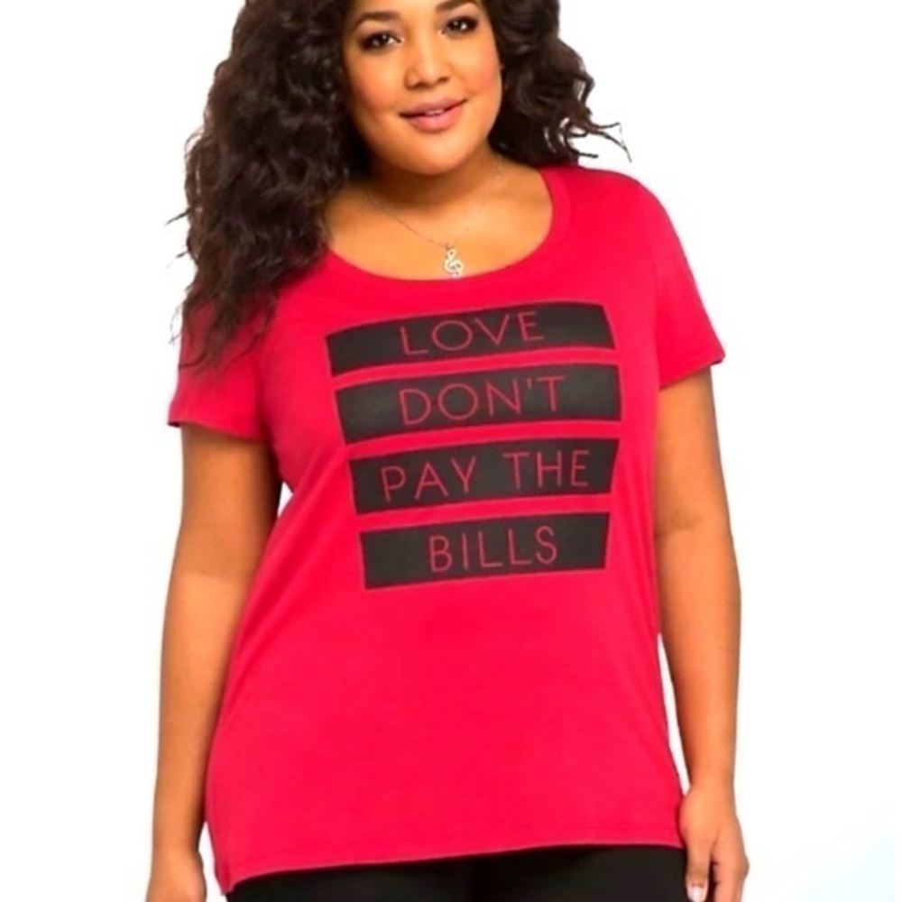 Women’s torrid 1 Love Don’t Pay The Bills Red Graphic Tee 14 16 1X 1XL